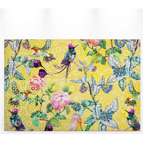 Tableau sur toile printemps pour salle à manger | Tableau oiseau multicolore sur fond jaune | Tableau oiseau violet, vert et rose - 0,9 x 0,6 m (1/5)