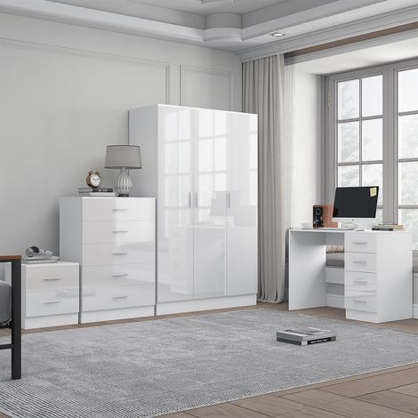 Reflect 3 Door Plain Wardrobe, 5 Drawer Chest, 2 Drawer Bedside & Desk - White Gloss & Matt White - Modern Bedroom Furniture Set