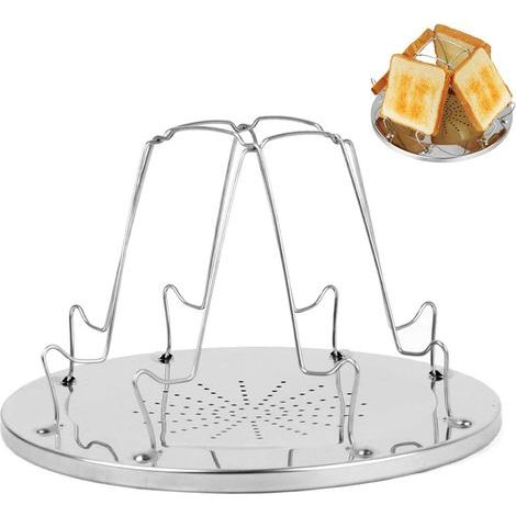 Tostadora de camping AIDUCHO de 4 rebanadas cromada para estufa - Plegable - Portátil - Con orificio - Para viajes familiares - Acero inoxidable (1/5)