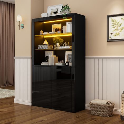 Vitrine brillante noire - Vitrine LED avec 2 étagères en verre, 2 portes - 100x35x170 cm (1/5)