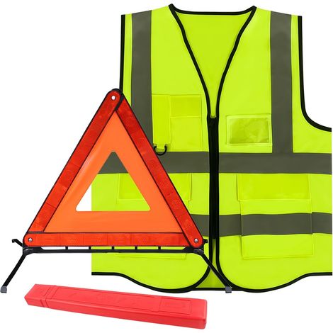 2en1 Triangle et Gilet Jaune pour Voiture, Triangle de Signalisation Réfléchissant 360 Degrés, Triangle de Panne Pliable avec Étui de Rangement, Gilet de Sécurité Haute Visibilité pour Voiture et Moto (1/5)