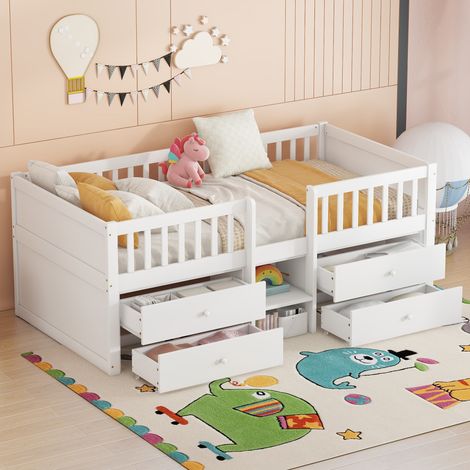 Halbhohes Bett Kiefernholz & MDF Weiß 90x200 cm mit 4 Schubladen und Sicherheitsgeländer