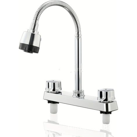 Kitchen tap for camper van, curved design and 360° rotating, silver color, water supply hose included. (1/5)