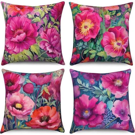 Housse de Coussin Fleurs rétro 45x45 cm, Lot de 4 Coussins de canapé Fleur Rouge huilé Housses de Coussin décoratives Lavable Lin Textile extérieur d'oreiller Taie d'oreiller (1/5)