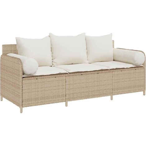 Canapé de jardin Divan de jardin avec coussins 3 places beige résine tressée