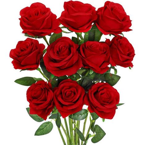 Roses artificielles rouges en soie, lot de 10 (rouges) (1/5)