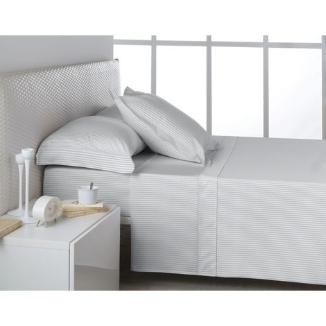 Juego de sábanas de satén efecto listado color perla. Cama de 160 cm. 4 piezas (1/4)