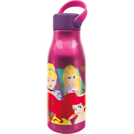 Borraccia Originale Disney Princess in alluminio da 760 ml per bambini con cappuccio con manico in silicone e coperchio con gancio.