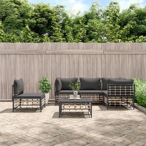 6-tlg. Garten-Lounge-Set mit Kissen Anthrazit Poly Rattan