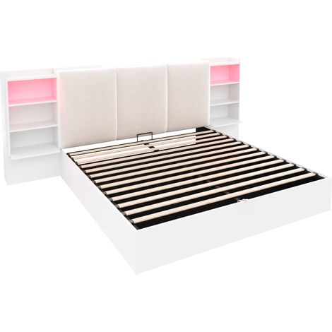 Cama plataforma 180 x 200 cm blanca con cabecero acolchado, almacenaje y LED (1/5)