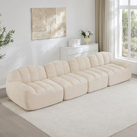 Canapé modulable 4 places, forme coquillage, sans armature, en mousse haute densité 32D, assise profonde, idéal pour le salon, tissu doux, beige et blanc (1/5)