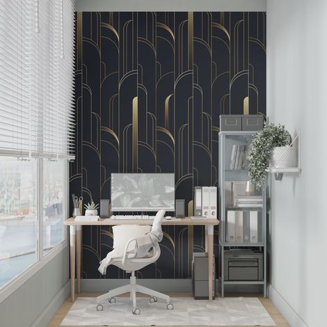 Papier Peint Géométrique - Motif Art Déco en Arches Dorées - 300 x 250 cm (1/2)