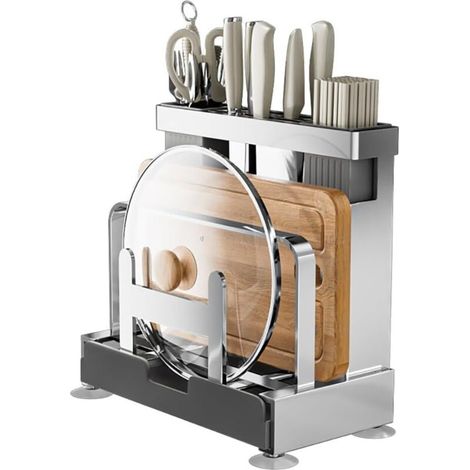 Support couteaux de cuisine en acier inoxydable 304, porte-couteaux multifonctionnel avec support pour planche à découper et couvercles, rangement universel compact antidérapant pour ustensiles de cui (1/4)