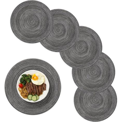 Tovagliette rotonde da 6 cm, tovaglia in rattan di cotone intrecciato resistente al calore per tavolo da pranzo, festività, Natale, set da tavola da cucina (grigio scuro) (1/5)
