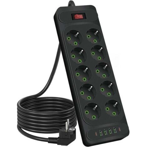 Multiprise 10 prises 2500 W avec interrupteur, rallonge de 1,8 m, pour smartphones et tablettes, noir (1/4)