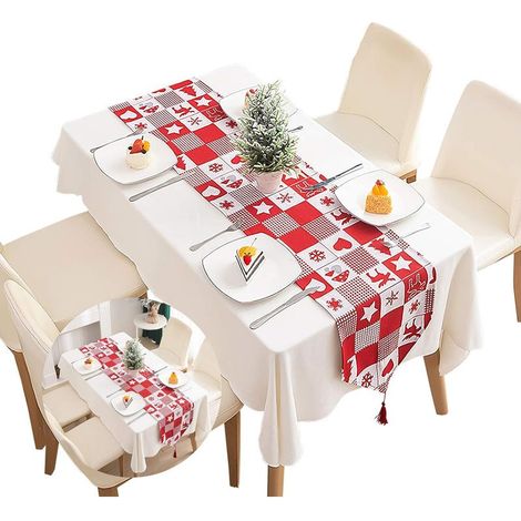 Camino de mesa de algodón con estampado de tartán rojo navideño, mantel decorativo para el hogar, camino de mesa lavable con borlas para cenas familiares, decoración para fiestas (1/5)