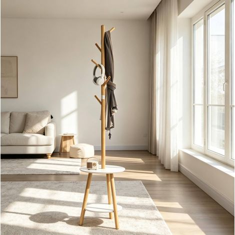 Porte-manteau sur pied 39,5x39,5x171 cm en bambou blanc, avec rangement pour entrée FloraGrace (1/5)