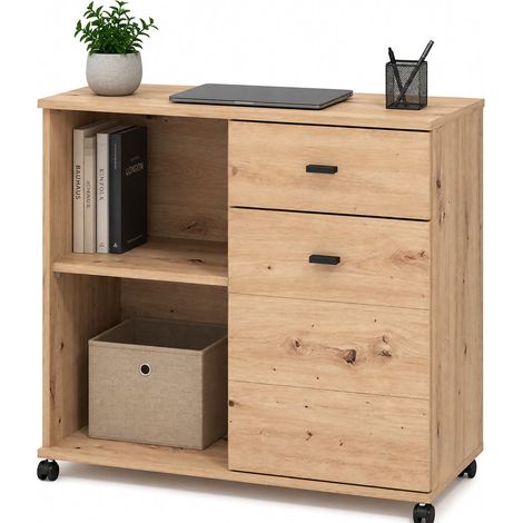 CREDENZA MAJULI, SIDEBOARD MIT 2 REGALE, 1 SCHUBLADE, 3 FÄCHER, 77X35X72H CM, BRAUN EICHE GEKALKTER