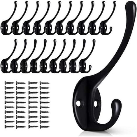 Lot de 20 crochets muraux noirs, patères métalliques à fixer au mur, crochets doubles rétro robustes avec 40 vis (1/5)