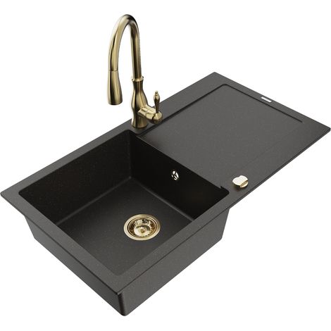 Mexen Leo 1 Becken-Granitspüle mit Abtropffläche und Mischbatterie Savita, Schwarz/Gold metallisch - 6501-75-672601-50 (1/5)