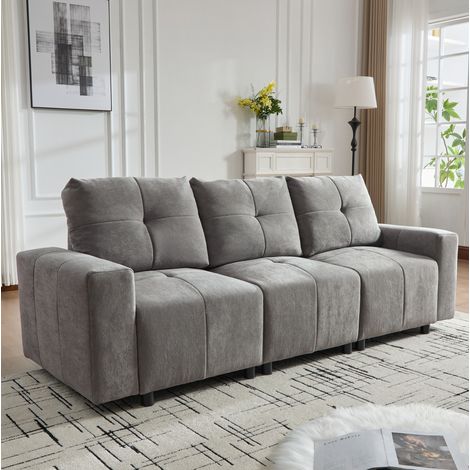 3-Sitzer Sofa 213x94x84 cm grau aus Chenille mit Schlaffunktion und verstellbarer Sitztiefe (1/5)