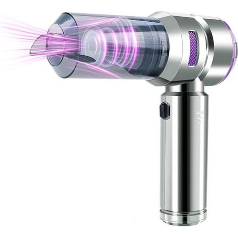 Mini aspirateur portable souffleur air 16000PA moteur sans balais puissant 9 embouts polyvalents 2en1 main maison bureau clavier + sac 121 gris argenté violet sac EVA + couvre tuyau (1/4)