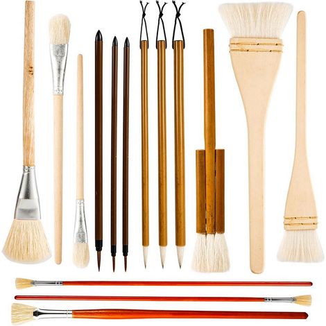 Brushes Pour Poterie - Manche En Bois - 15 Pièces (3 Détail 3 Rond 3 Ligne Crochet 3 Plat 3 Ventail) - Peinture Céramique Acrylique Aquarelle - Lot Complet (1/5)