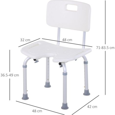 Chaise de douche réglable à 8 positions avec trou d'évacuation, en aluminium et PE, 48x42x71-83,5cm, blanc et argent. (1/5)