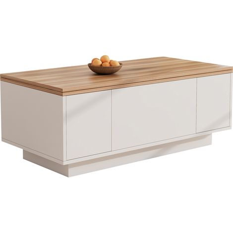 Table basse relevable avec double plateau, grand espace de rangement caché, deux portes, design blanc et bois clair, idéale pour salon moderne  CHICFURN (1/5)