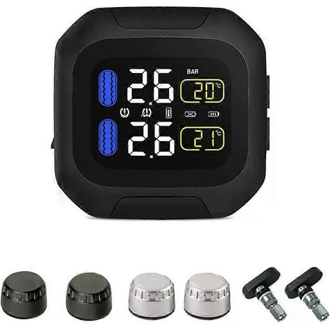 Sistema de monitoreo de presión de neumáticos (TPMS) para motocicletas M3 Moto, resistente al agua, en tiempo real, con pantalla LCD inalámbrica y sensores internos o externos. (1/4)