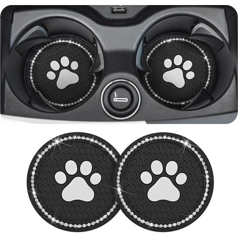 Lot de 2 protège-gobelets de voiture, tapis de porte-gobelet universel antidérapant en PVC avec strass et motif patte, noir et blanc, orné de strass.