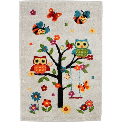 CHOUETTES - Tapis enfant toucher laine doux imprimé chouettes écru 100x150 (1/4)