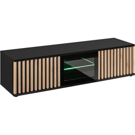 Meuble TV avec vitre en verre "Cameron" - Noir/Beige - L 160 x H 42 x P 45 cm - Livraison gratuite (1/5)
