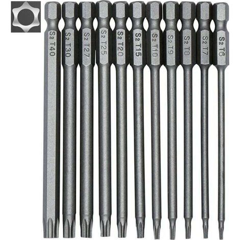 Jeu de 11 embouts longs Torx pour tournevis et visseuse électrique - Embouts magnétiques - Tige hexagonale de 1/4" - Tailles T6 à T40 - Longueur 100 mm (1/5)