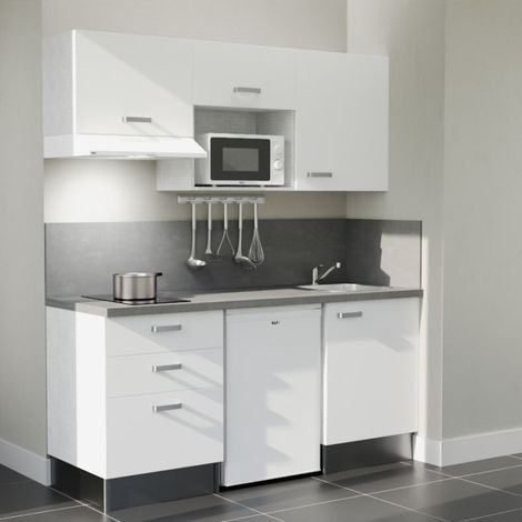 Kitchenette K20L-PT - 180 cm - plan stratifié, évier inox, - Façade Blanc - Plan Gris béton - Evier Inox - Crédences Oui + Electroménager inclus coloris Blanc (1/5)