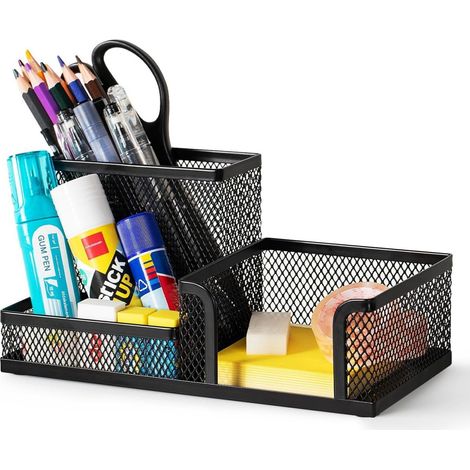 Pennehouder - Organisateur Métallique à 3 Compartiments - Support pour Stylos et Boîtes de Rangement - Bureau et Maison - 20,5 x 10,5 x 9,5 cm