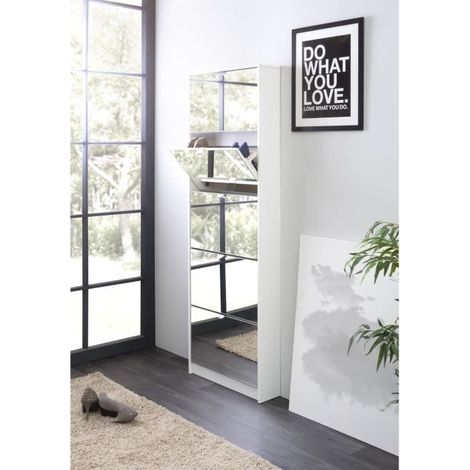 Meuble à chaussures - Blanc et Facades miroir- L58 x H177 x P17 cm - 15 paires - 5 abattants - KOBLENZ (1/4)