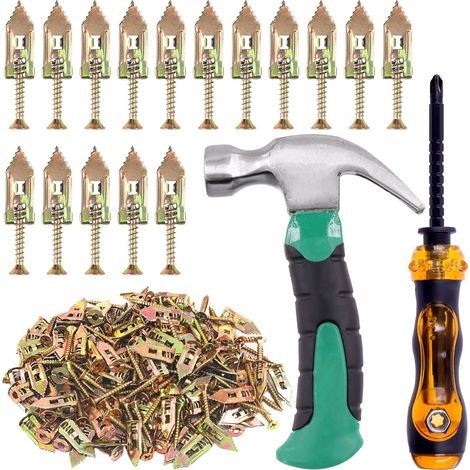 Lot de 52 chevilles auto-perceuses avec vis comprenant 50 chevilles pour cloison sèche avec vis, 1 mini marteau et 1 tournevis pour accrocher une TV, une sangle de fixation pour armoire (1/5)