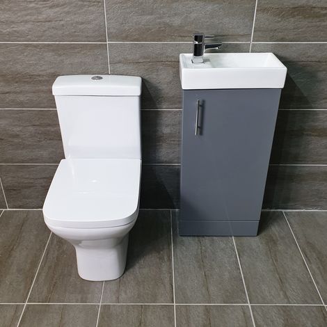 Nuie Vault 400mm Vanity Unit Grey Gloss With Rimless Toilet Cloakroom Suite, Without Tap