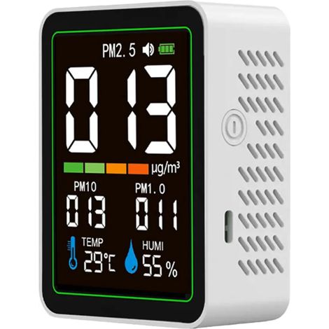 Moniteur de qualité de l'air 5 en 1, détecteur de PM2.5-PM10-PM1.0 avec écran LCD couleur, thermomètre et hygromètre portables pour la maison et le bureau MT04 Blanc (1/5)