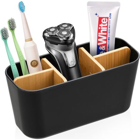Soporte para cepillos de dientes de bambú con 5 compartimentos, multifuncional, adecuado para la oficina, la sala de estar, la cocina o el baño.