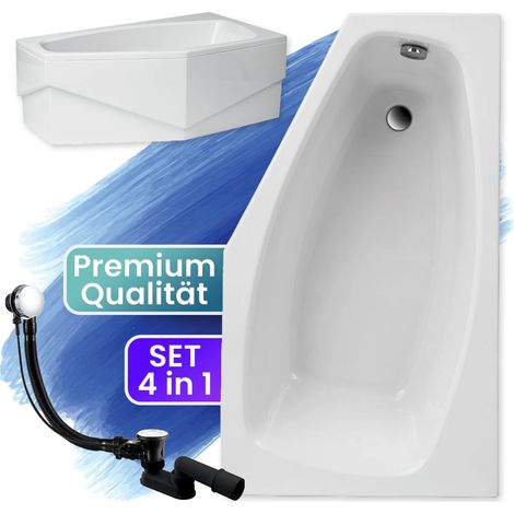 Badewanne Eckbadewanne 140x80 Rechts mit AcrylSchürze, Ablaufgarnitur & Füßen GRATIS - Komplettset 4in1 Original Acryl Wanne Siphon - BADLAND MARIKA (1/5)