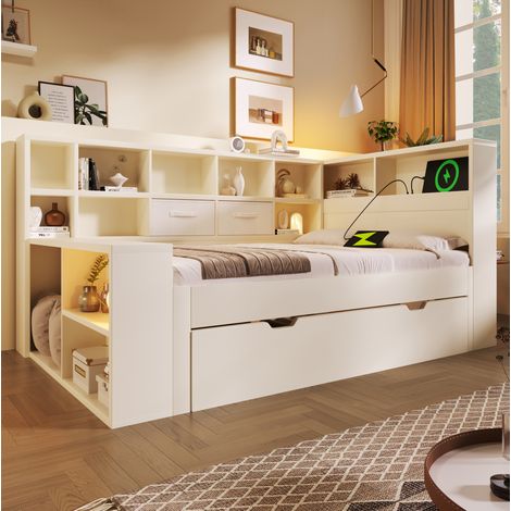 Cama nido 90x200 cm blanca con USB y Type-C, almacenaje en 3 lados, sin colchón - CHICFURN (1/5)