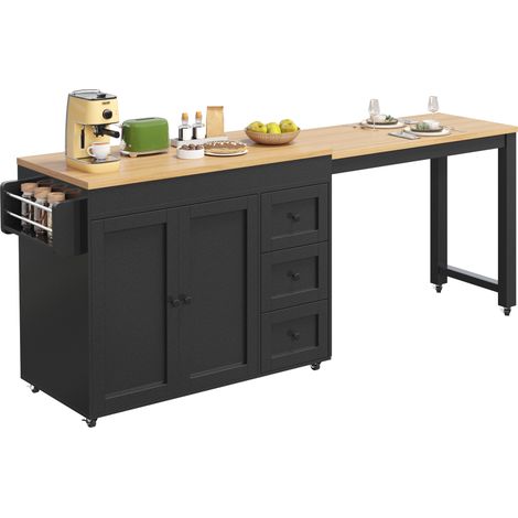 Îlot de Cuisine avec Plateau Extensible, 3 Tiroirs, Placard 2 Portes, Roulettes Freinées, Noir, 116-179.5x45x89 cm (1/5)
