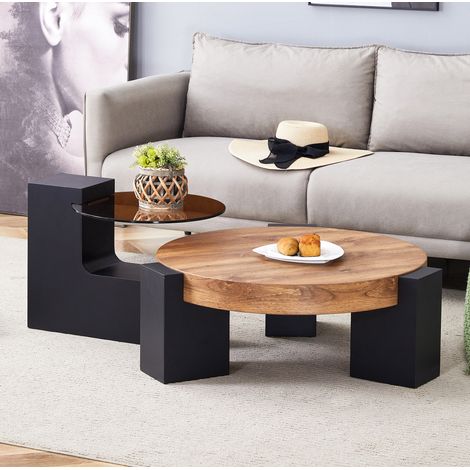 Set tavolini rotondi 61x61x30/44x44x44 cm nero e legno in MDF e vetro con 2 livelli (1/5)