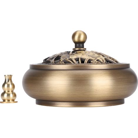 Brûleur d'Encens Bouddhiste en Métal avec Couvercle, Brûle-Parfum Décoratif à Base Ronde pour Autel (1/5)