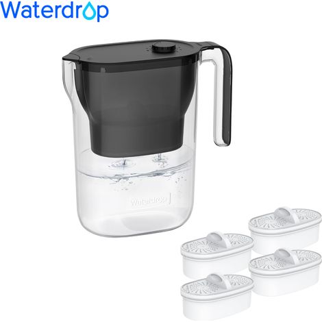 Waterdrop Water Filter Jug Fridge Water Filter Jug with 3 Month Filter, 2.5 L, Reduces Fluoride, Chlorine and More, NSF Certified, BPA-Free, Black (With 4 Litre Filters)