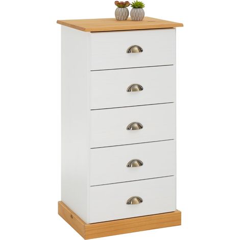 Idimex – Chiffonnier Paris 5 tiroirs en pin massif – Dimensions monté 95 x 48 x 39 cm – Lasuré blanc et brun – Poignées coquille en métal bronze