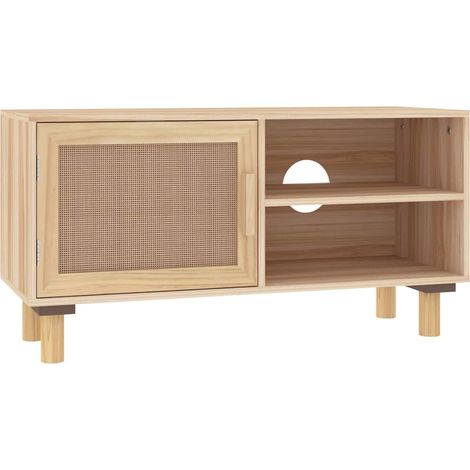 MAISON LA VIE Meuble TV - Banc TV - Meuble De Rangement Marron 80x30x40cm Bois de pin massif et rotin naturel