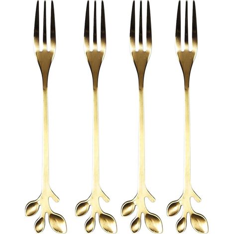 Set de 4 fourchettes à dessert dorées en acier inoxydable style feuilles